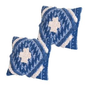 18 X 18 Shaggy Cotton Accent Throw Pillows, Southwest Aztec Pattern, Set of 2, Blue, White